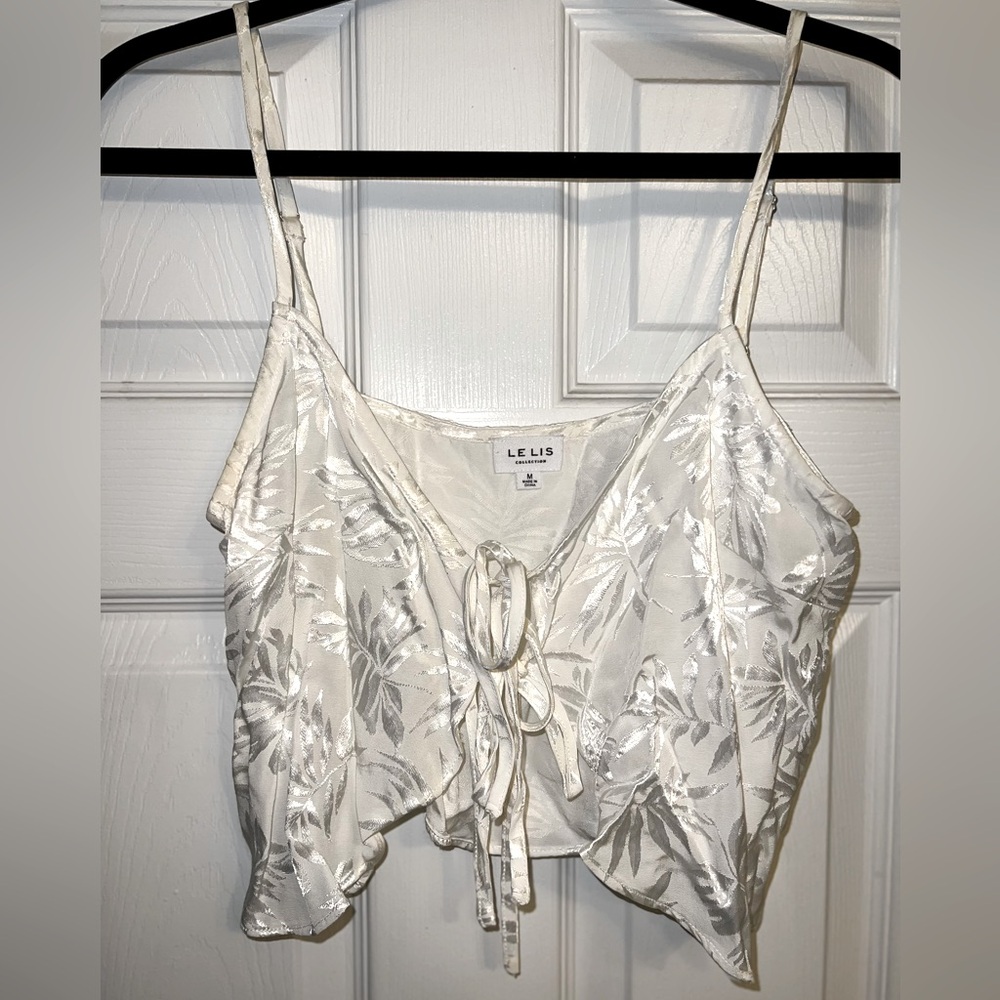 Iridescent Cropped Tie Front White Floral Tank